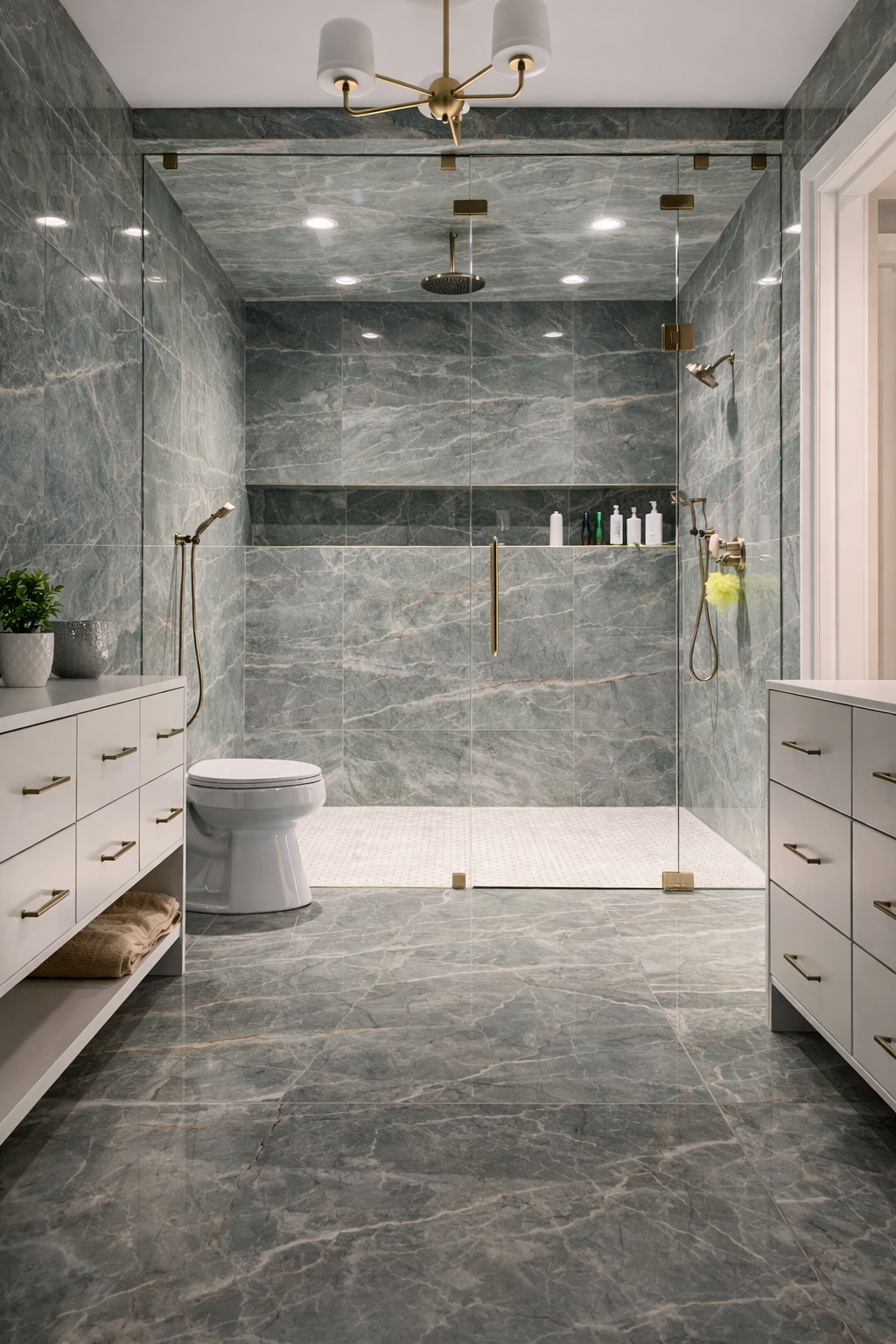 Large-format stone tile shower remodel in Indianapolis