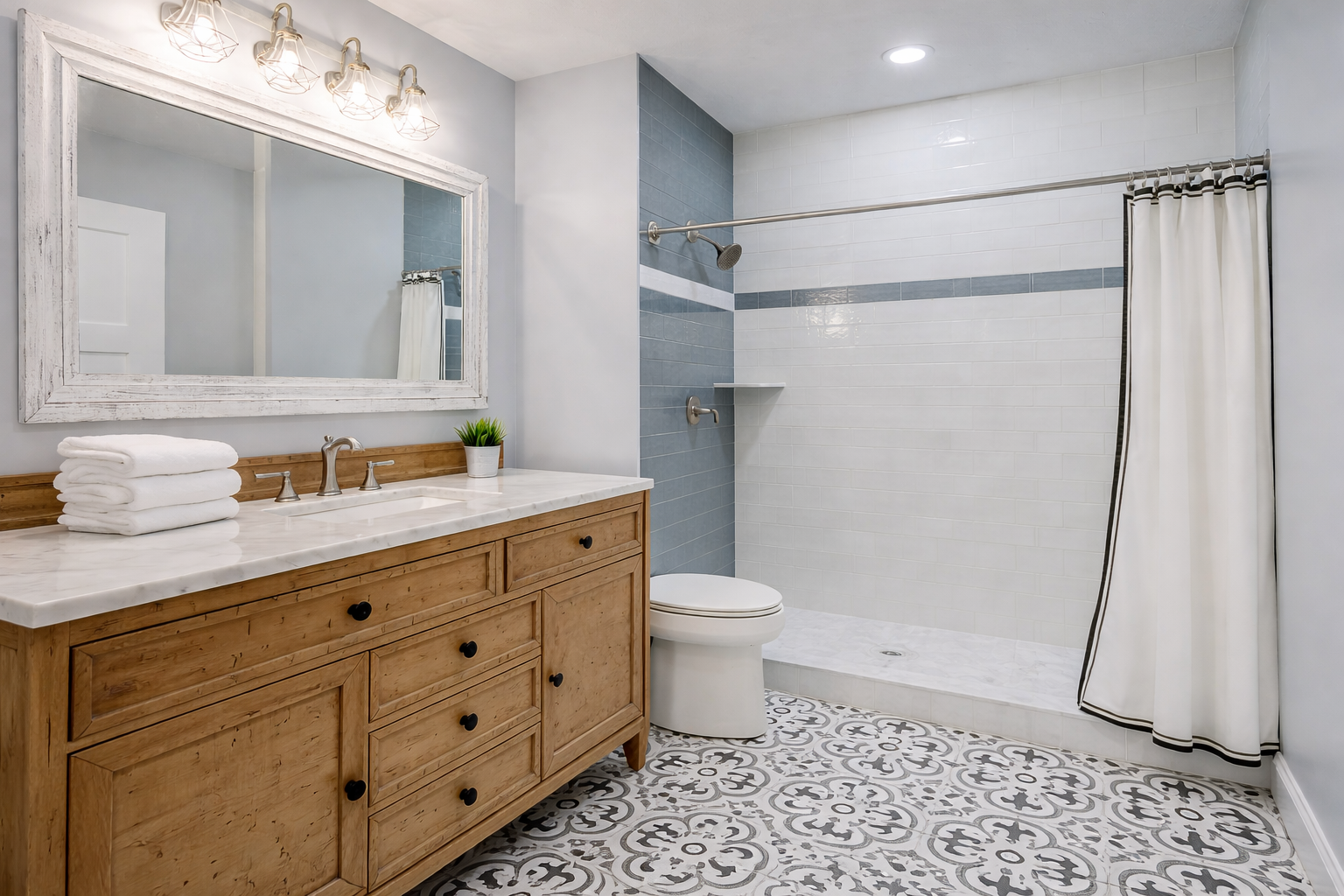Blue and white custom tile shower bathroom in Carmel