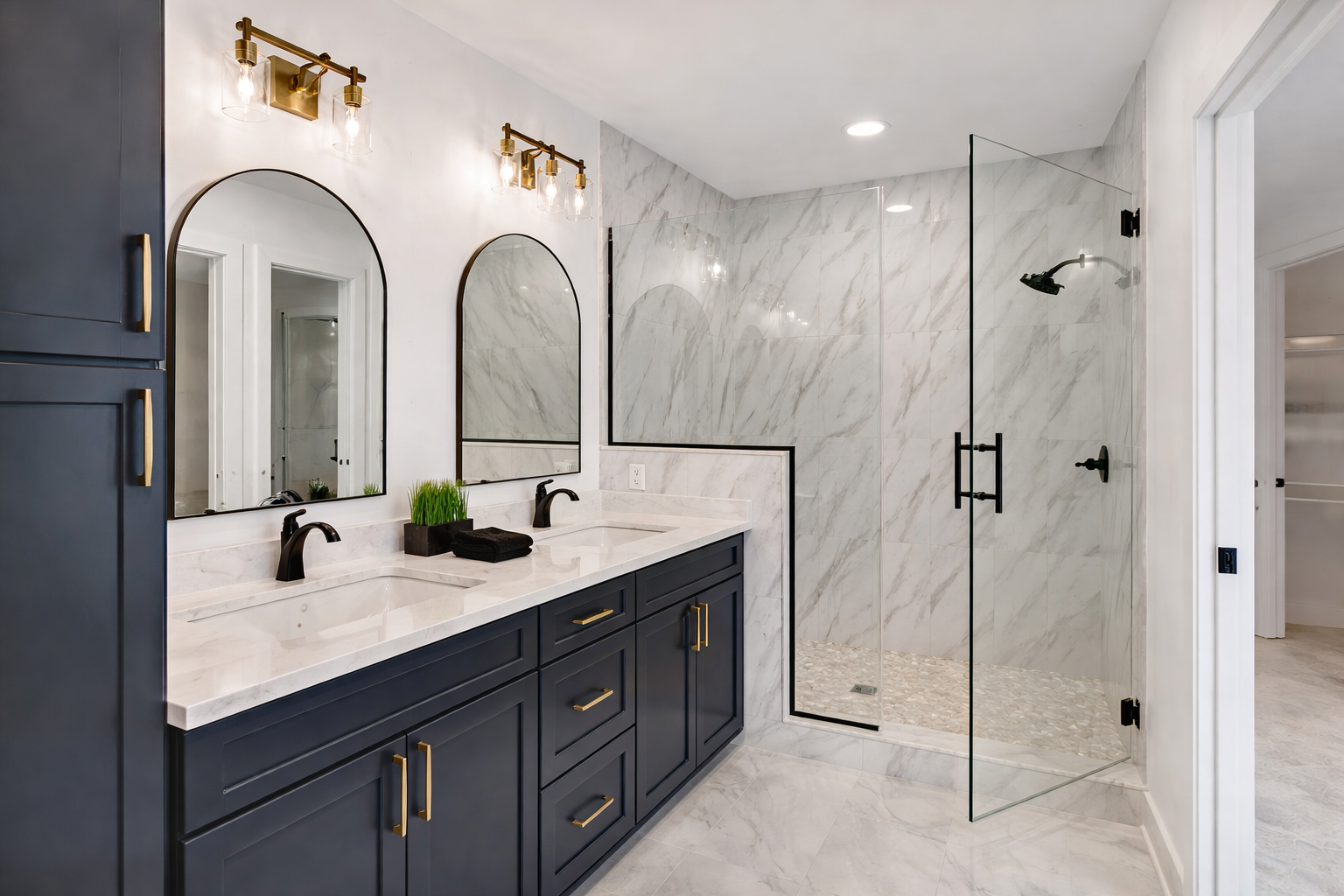 Custom walk-in shower and navy double vanity in Carmel, Indiana