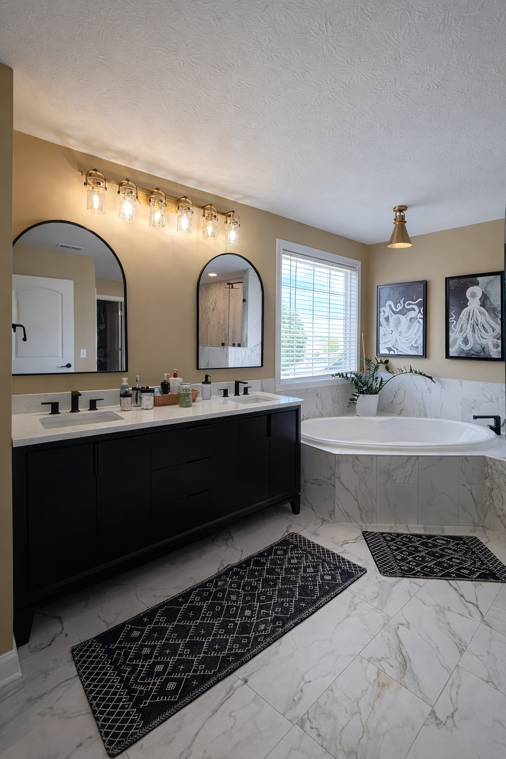 Black double vanity and tiled soaking tub in Carmel